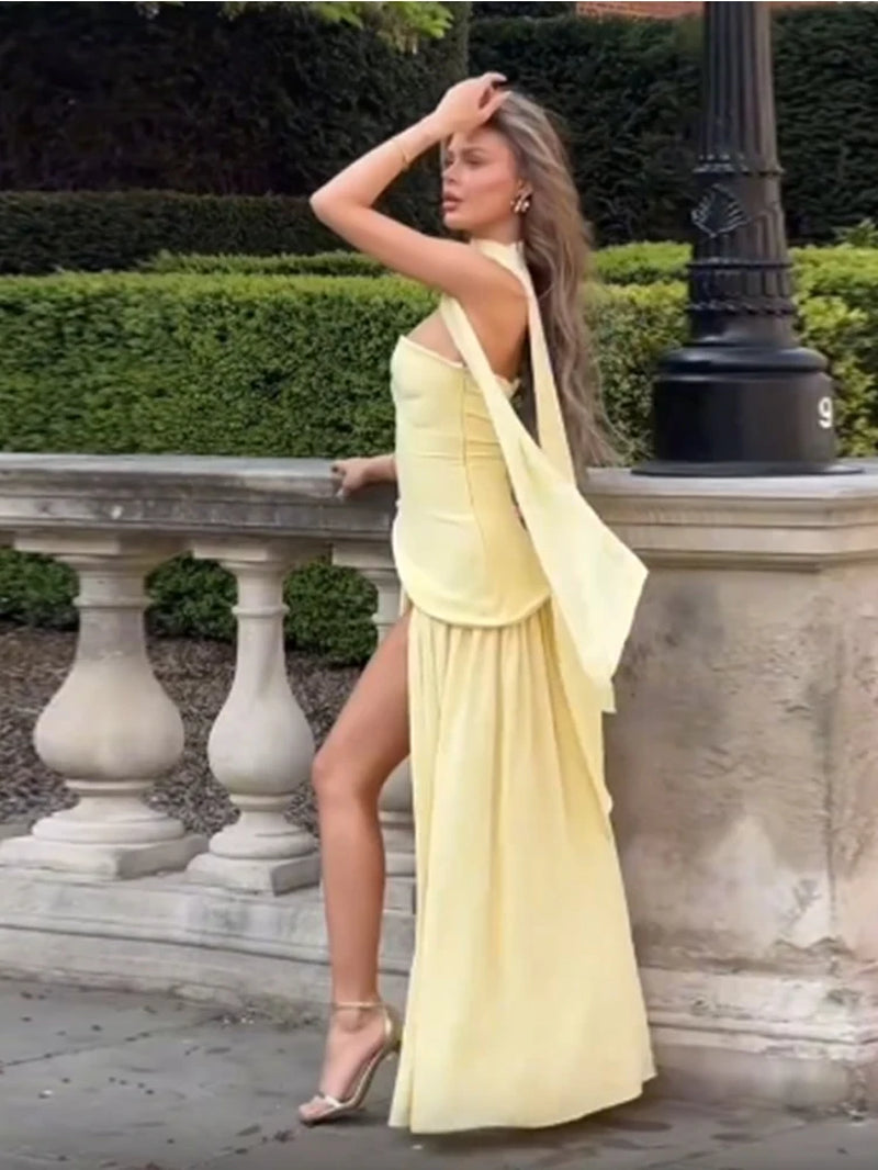 Pleated Strapless Split Maxi Dress Sexy Women'S Sleeveless Backless Hanging Neck Ribbon Vestidos 2025 Summer Banquet Party Robe