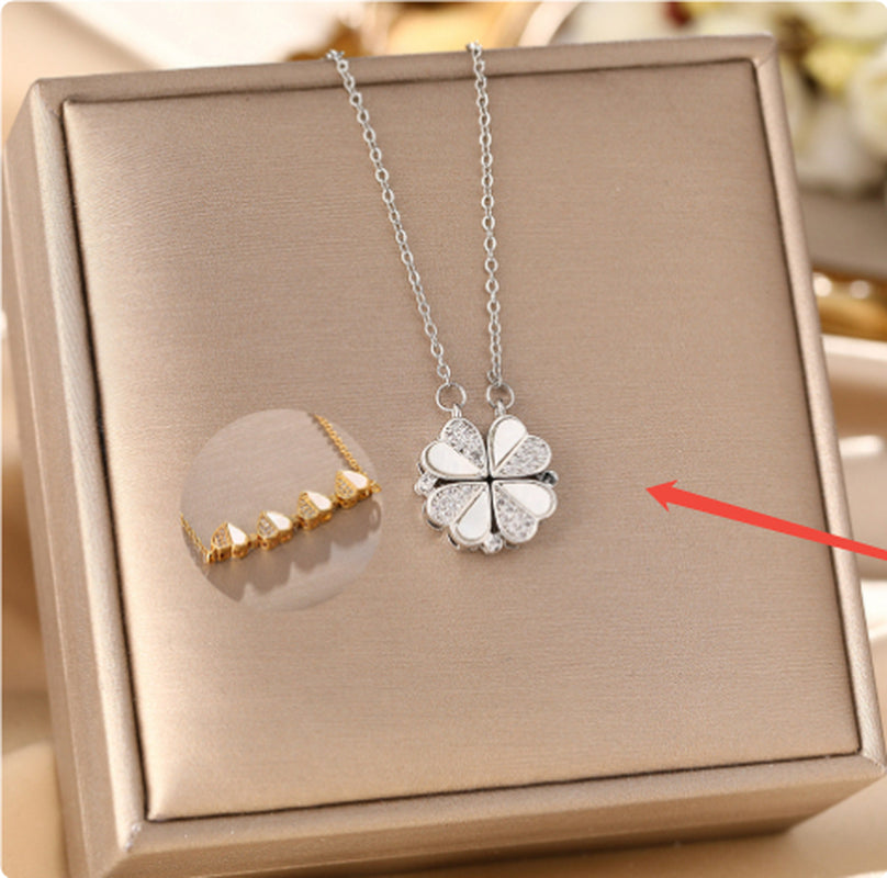 Luxury Four Leaf Clover Pendant Necklace Stainless Steel Crystal Heart Jewelry for Women Gift