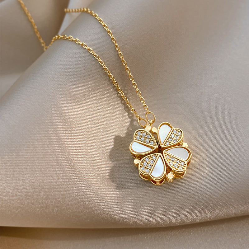 Luxury Four Leaf Clover Pendant Necklace Stainless Steel Crystal Heart Jewelry for Women Gift