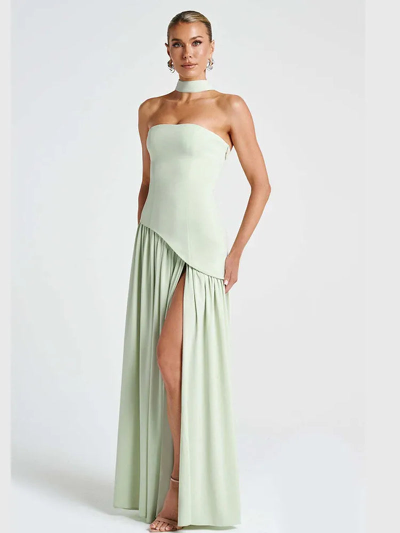 Pleated Strapless Split Maxi Dress Sexy Women'S Sleeveless Backless Hanging Neck Ribbon Vestidos 2025 Summer Banquet Party Robe