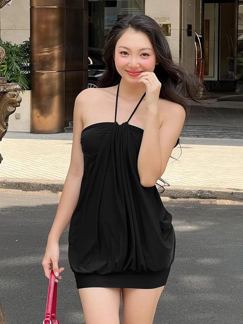 Sexy Mini Halter Ruched Backless Short Dress Solid Sleeveless Women Dresses Summer Lady Party Birthday Club Clothes Y2K