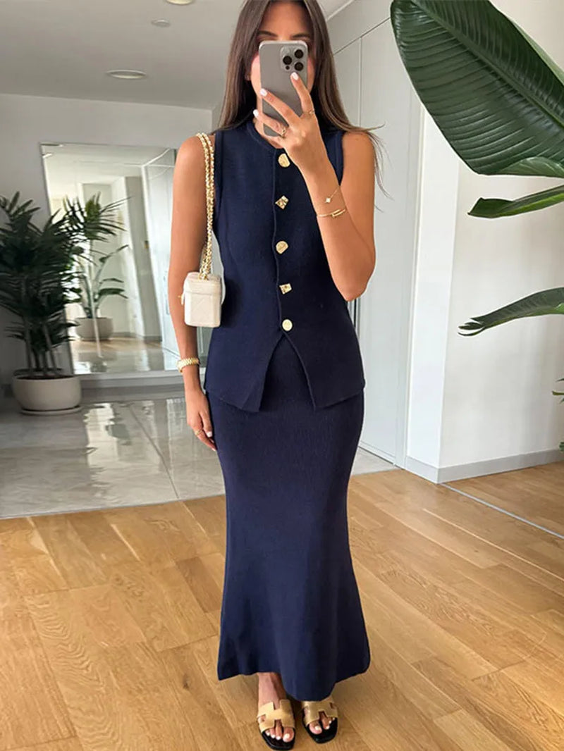 Elegant Knit Vest Suits Women Solid Single Breasted O-Neck Sleeveless Slim Waistcoat Bodycon Midi Skirts 2025 Spring Lady Outfit