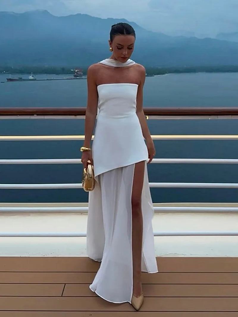 Pleated Strapless Split Maxi Dress Sexy Women'S Sleeveless Backless Hanging Neck Ribbon Vestidos 2025 Summer Banquet Party Robe