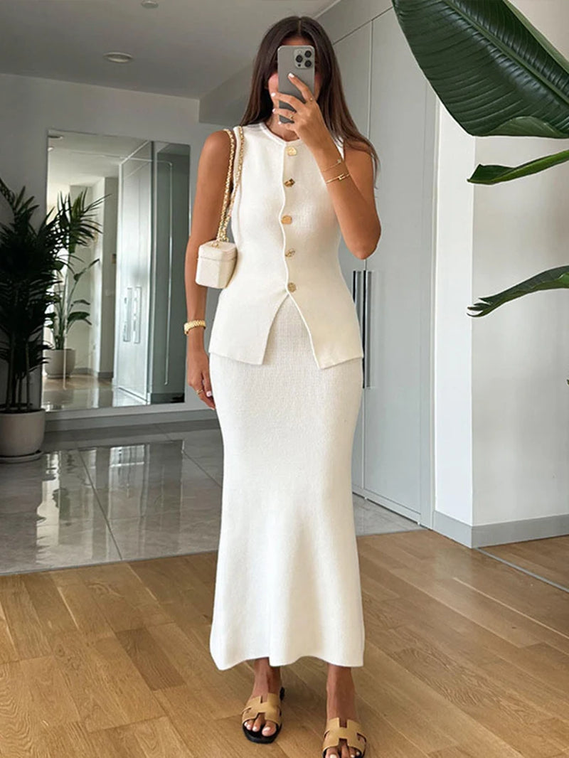 Elegant Knit Vest Suits Women Solid Single Breasted O-Neck Sleeveless Slim Waistcoat Bodycon Midi Skirts 2025 Spring Lady Outfit