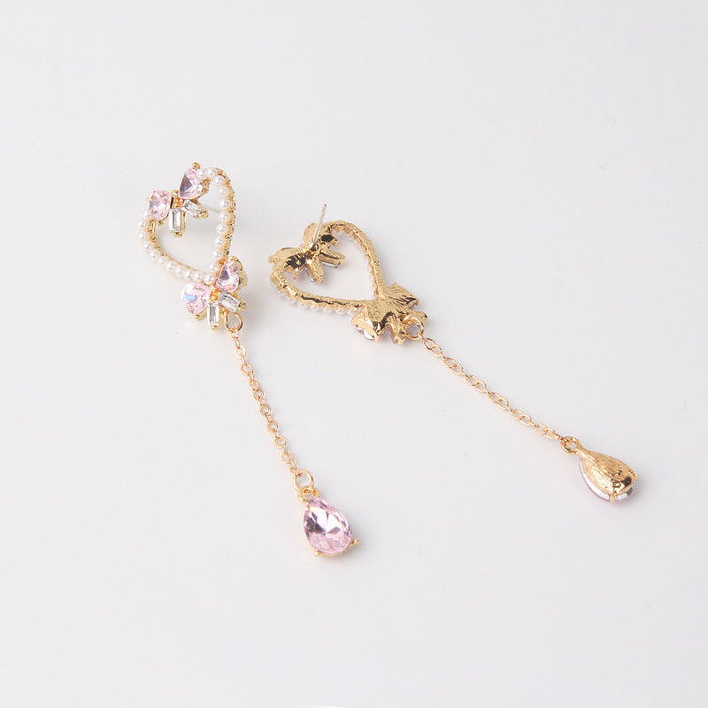 Silver Needle Pearl Love Butterfly Tassel Earrings