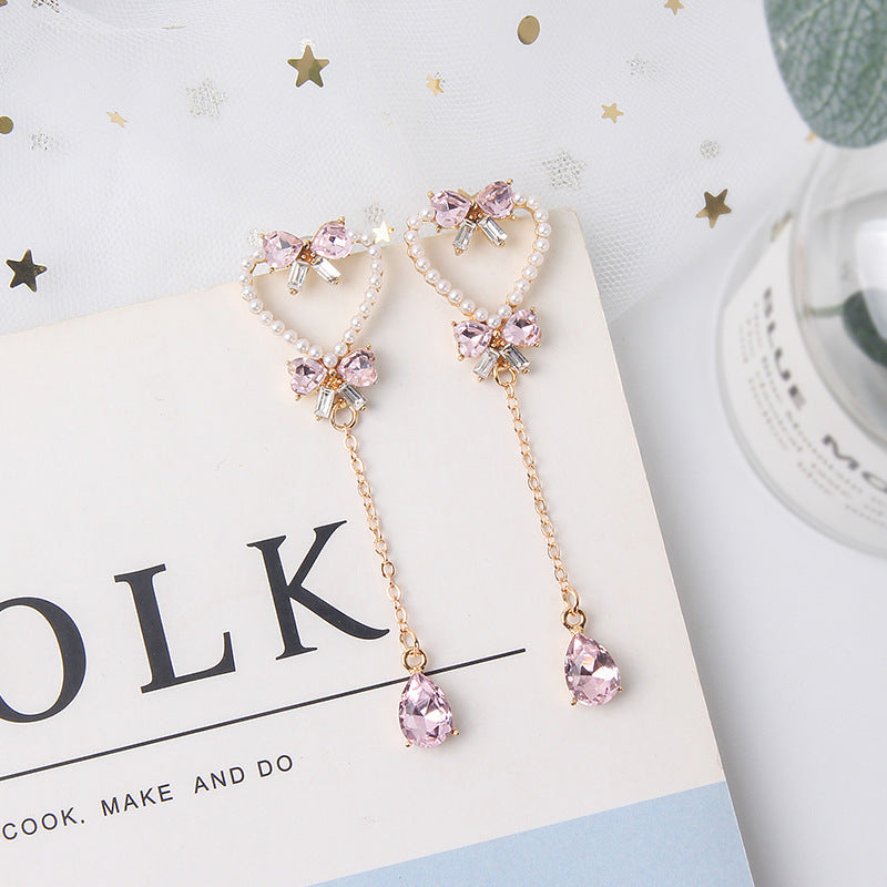 Silver Needle Pearl Love Butterfly Tassel Earrings