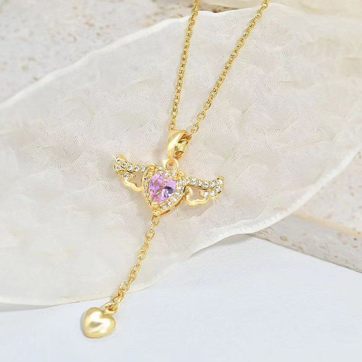 Moving Cupid Heart Angel Wings Tassel Necklace With Crystal Clavicle Chain Women Jewelry