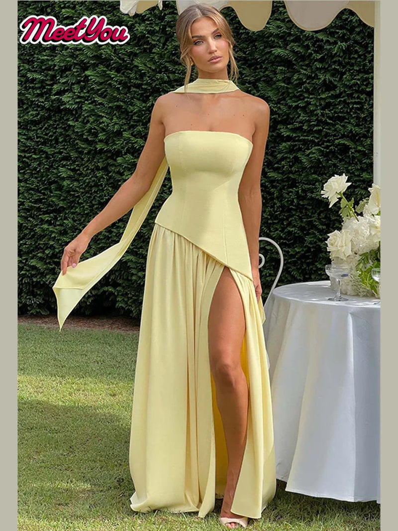 Pleated Strapless Split Maxi Dress Sexy Women'S Sleeveless Backless Hanging Neck Ribbon Vestidos 2025 Summer Banquet Party Robe