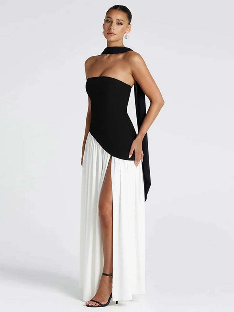 Pleated Strapless Split Maxi Dress Sexy Women'S Sleeveless Backless Hanging Neck Ribbon Vestidos 2025 Summer Banquet Party Robe