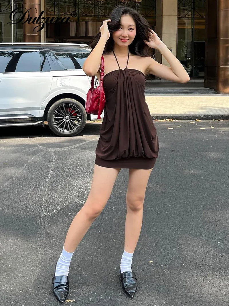 Sexy Mini Halter Ruched Backless Short Dress Solid Sleeveless Women Dresses Summer Lady Party Birthday Club Clothes Y2K
