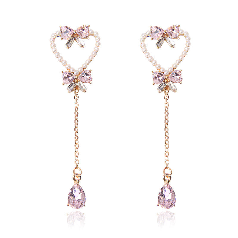 Silver Needle Pearl Love Butterfly Tassel Earrings