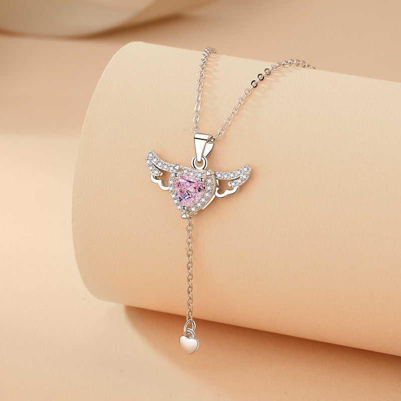 Moving Cupid Heart Angel Wings Tassel Necklace With Crystal Clavicle Chain Women Jewelry
