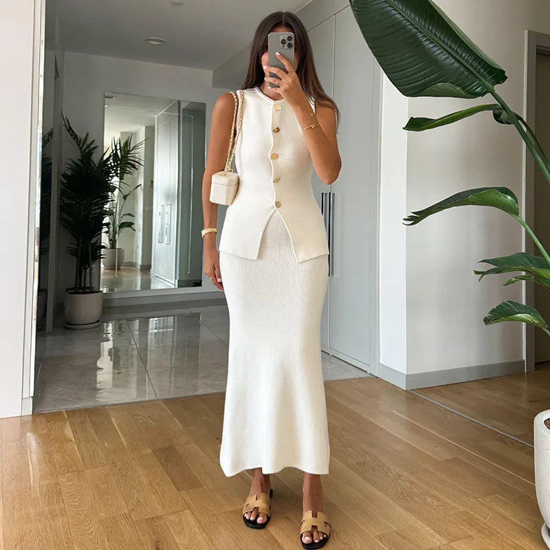 Elegant Knit Vest Suits Women Solid Single Breasted O-Neck Sleeveless Slim Waistcoat Bodycon Midi Skirts 2025 Spring Lady Outfit