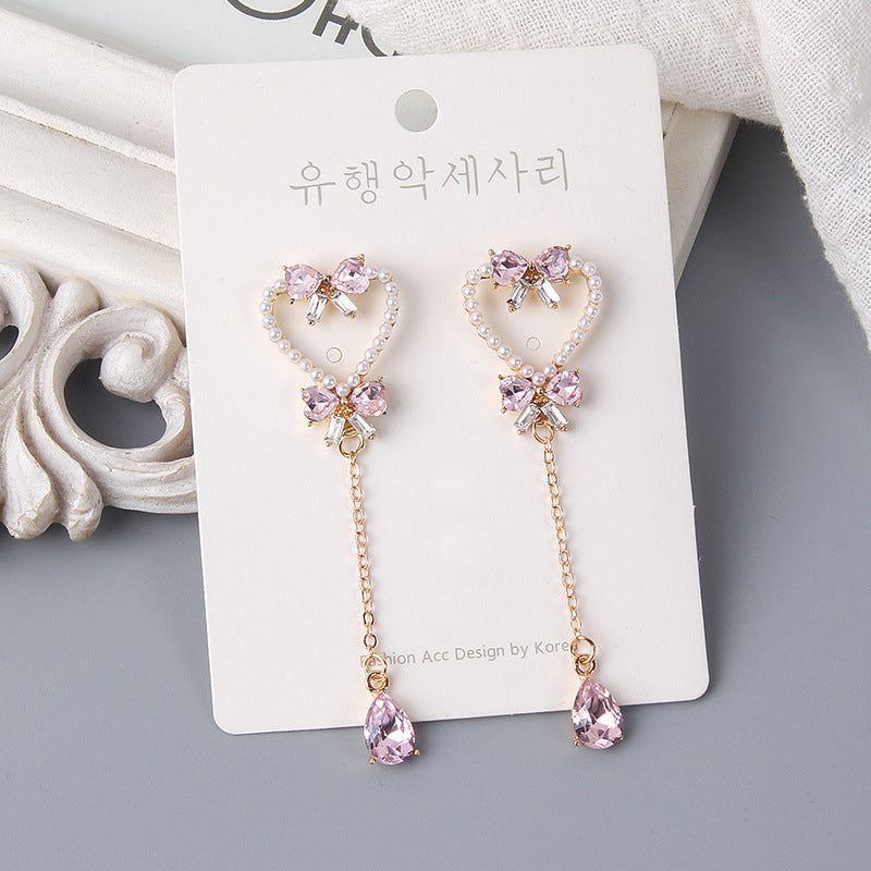 Silver Needle Pearl Love Butterfly Tassel Earrings