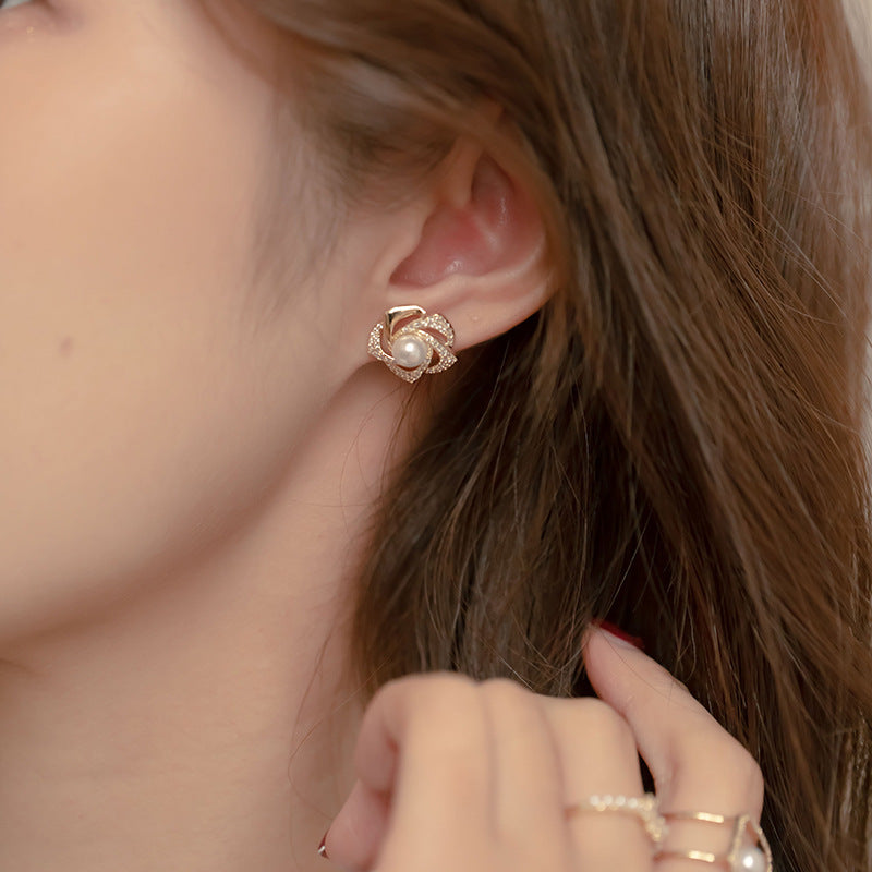 Women's Diamond Rose Pearl Earrings New Niche