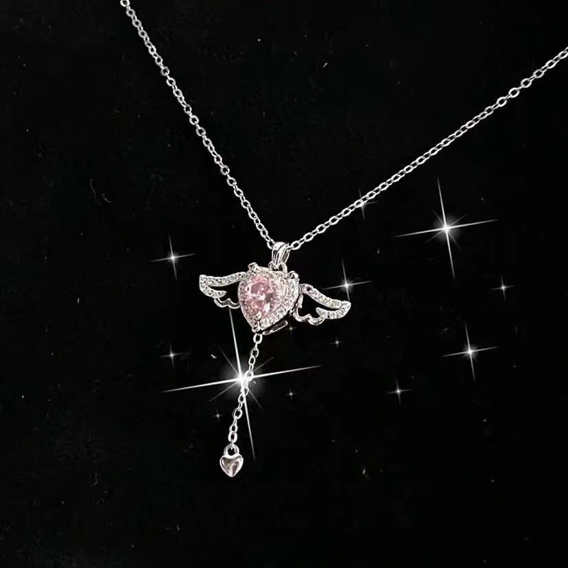 Moving Cupid Heart Angel Wings Tassel Necklace With Crystal Clavicle Chain Women Jewelry