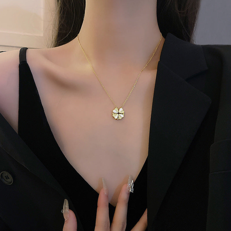 Luxury Four Leaf Clover Pendant Necklace Stainless Steel Crystal Heart Jewelry for Women Gift
