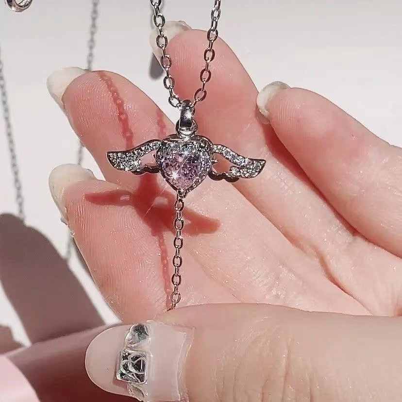 Moving Cupid Heart Angel Wings Tassel Necklace With Crystal Clavicle Chain Women Jewelry