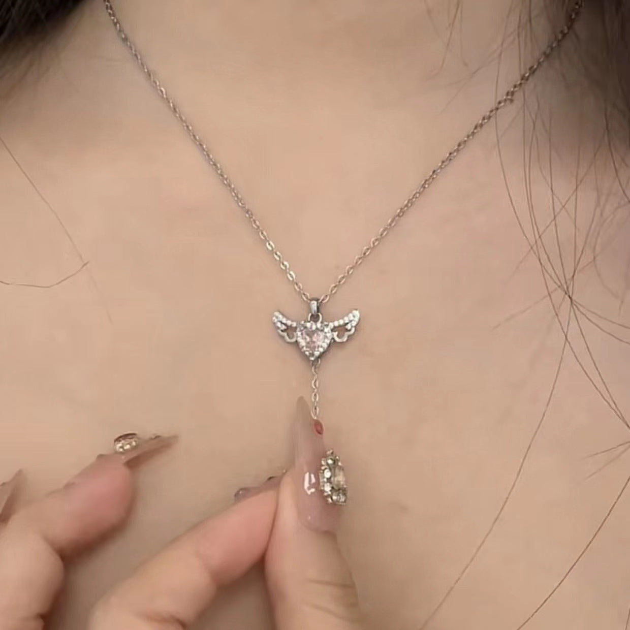 Moving Cupid Heart Angel Wings Tassel Necklace With Crystal Clavicle Chain Women Jewelry