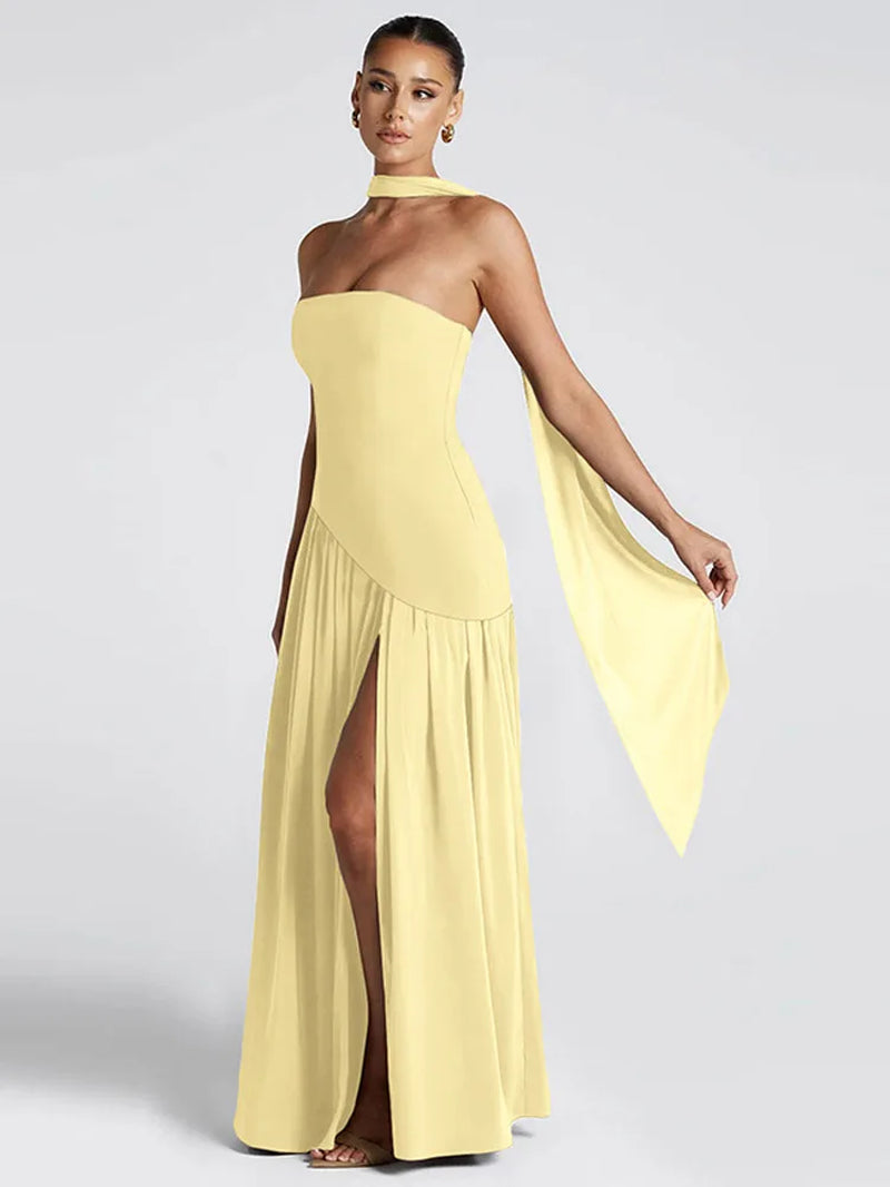 Pleated Strapless Split Maxi Dress Sexy Women'S Sleeveless Backless Hanging Neck Ribbon Vestidos 2025 Summer Banquet Party Robe