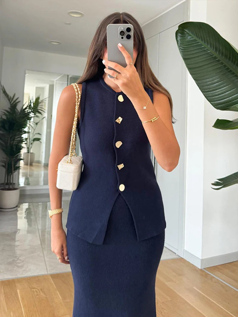Elegant Knit Vest Suits Women Solid Single Breasted O-Neck Sleeveless Slim Waistcoat Bodycon Midi Skirts 2025 Spring Lady Outfit