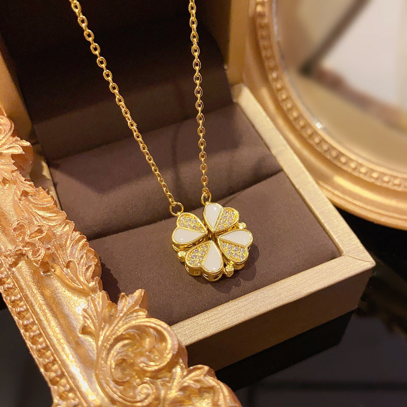 Luxury Four Leaf Clover Pendant Necklace Stainless Steel Crystal Heart Jewelry for Women Gift
