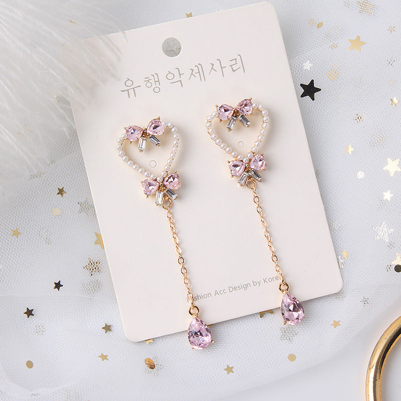 Silver Needle Pearl Love Butterfly Tassel Earrings