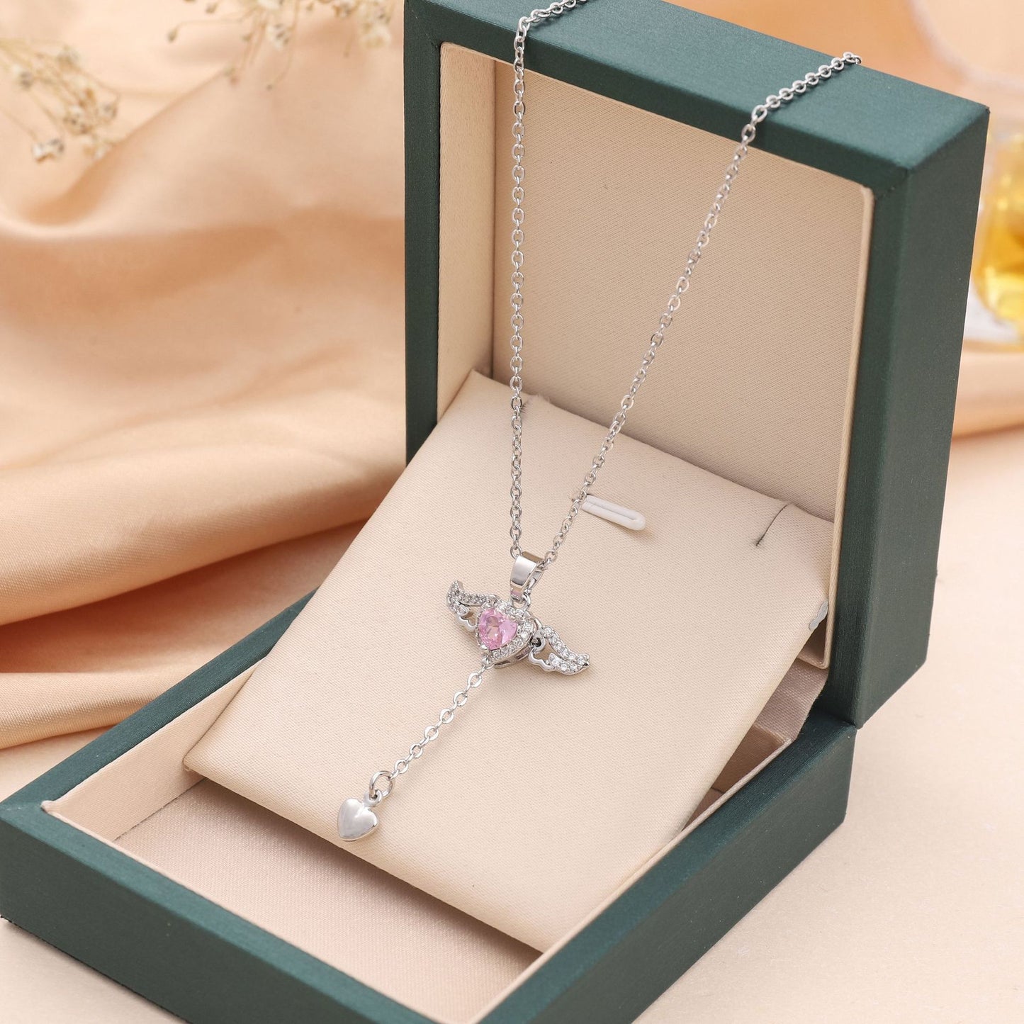 Moving Cupid Heart Angel Wings Tassel Necklace With Crystal Clavicle Chain Women Jewelry