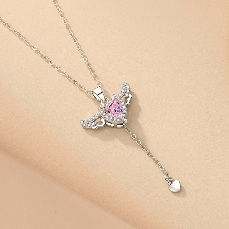 Moving Cupid Heart Angel Wings Tassel Necklace With Crystal Clavicle Chain Women Jewelry