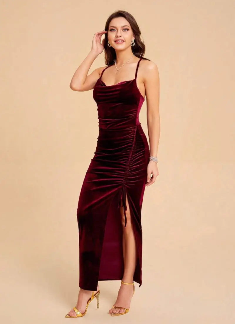 Sexy Slim Summer Women'S Side Slit Drawstring Velvet Suspender Dress Party Dress
