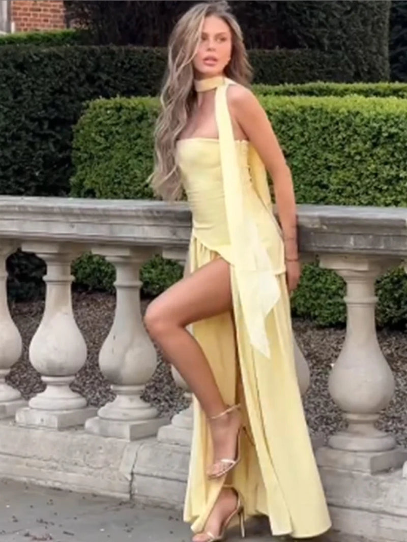 Pleated Strapless Split Maxi Dress Sexy Women'S Sleeveless Backless Hanging Neck Ribbon Vestidos 2025 Summer Banquet Party Robe