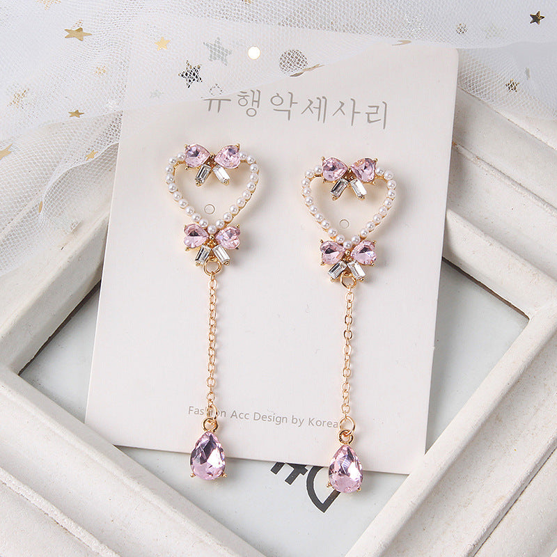 Silver Needle Pearl Love Butterfly Tassel Earrings