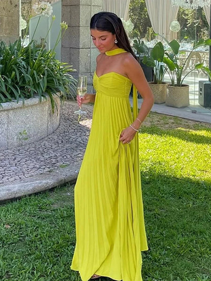 Strapless Ribbon Maxi Dress Women Elegant Sleeveless Backless Pleated Party Dresses Female 2025 Summer Sexy Lady Evening Vestido