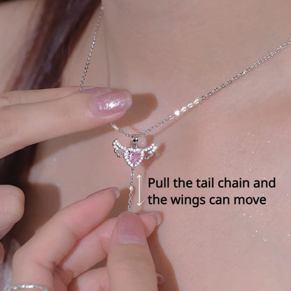 Moving Cupid Heart Angel Wings Tassel Necklace With Crystal Clavicle Chain Women Jewelry