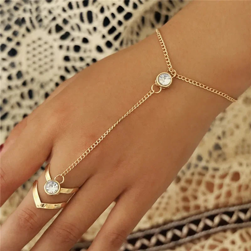 Bohemia Punk Link Chain Ring Connected Bracelets Gold Color Metal Finger Ring Bracelets Hand Harness Fashion Jewelry Women