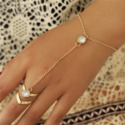 Bohemia Punk Link Chain Ring Connected Bracelets Gold Color Metal Finger Ring Bracelets Hand Harness Fashion Jewelry Women