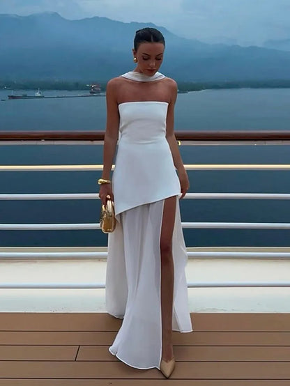 Pleated Strapless Split Maxi Dress Sexy Women'S Sleeveless Backless Hanging Neck Ribbon Vestidos 2025 Summer Banquet Party Robe
