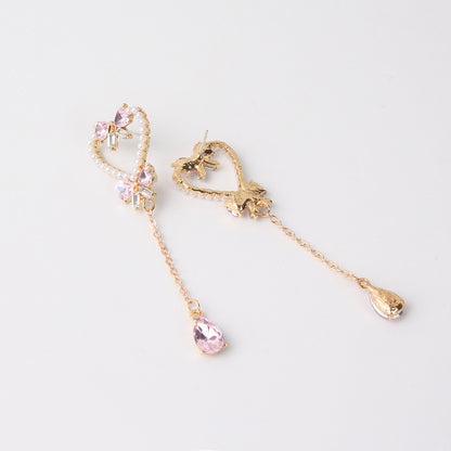 Silver Needle Pearl Love Butterfly Tassel Earrings
