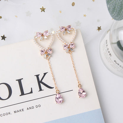 Silver Needle Pearl Love Butterfly Tassel Earrings