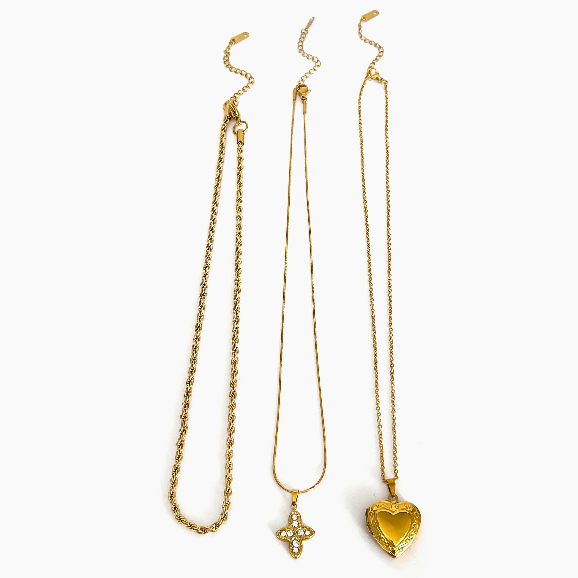 Trendy Solid Gold Color Rhinestone Cross Heart Pendant Necklace Fried Dough Twists Chain Stainless Steel Women Jewelry