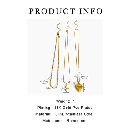Trendy Solid Gold Color Rhinestone Cross Heart Pendant Necklace Fried Dough Twists Chain Stainless Steel Women Jewelry