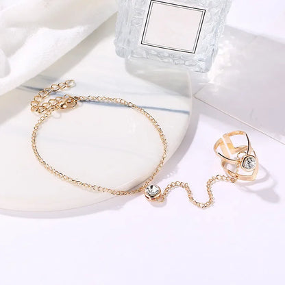 Bohemia Punk Link Chain Ring Connected Bracelets Gold Color Metal Finger Ring Bracelets Hand Harness Fashion Jewelry Women