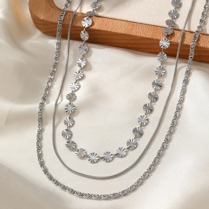 Stainless Steel Necklace Bohemian Fashion Design Sequins Triple Layers Collarbone Chain Women'S Jewelry Party Daily Match