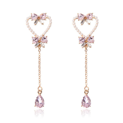 Silver Needle Pearl Love Butterfly Tassel Earrings