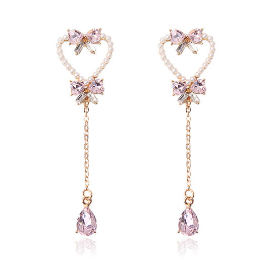 Silver Needle Pearl Love Butterfly Tassel Earrings