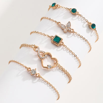 Bohemian 5Pc Green Crystal Bracelets Jewelry Set for Women Heart Bracelet Wedding Engagement Bracelet Fashion Jewelry