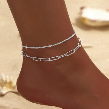 Shiny Sparkling Simple Anklet for Women Gold Silver Color Elegant Jewelry Female Beach Ankle Bracelet on Foot Party Gift