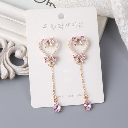 Silver Needle Pearl Love Butterfly Tassel Earrings