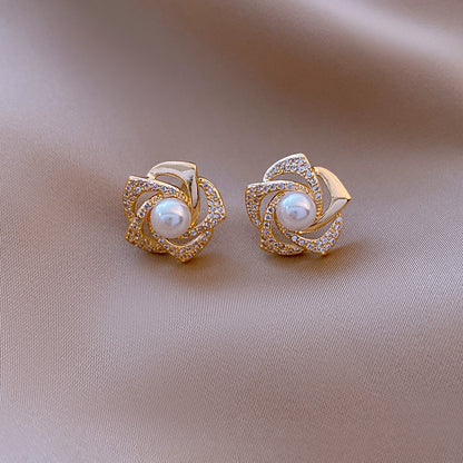 Women's Diamond Rose Pearl Earrings New Niche