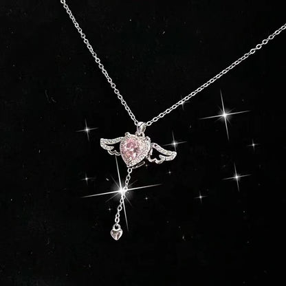 Moving Cupid Heart Angel Wings Tassel Necklace With Crystal Clavicle Chain Women Jewelry